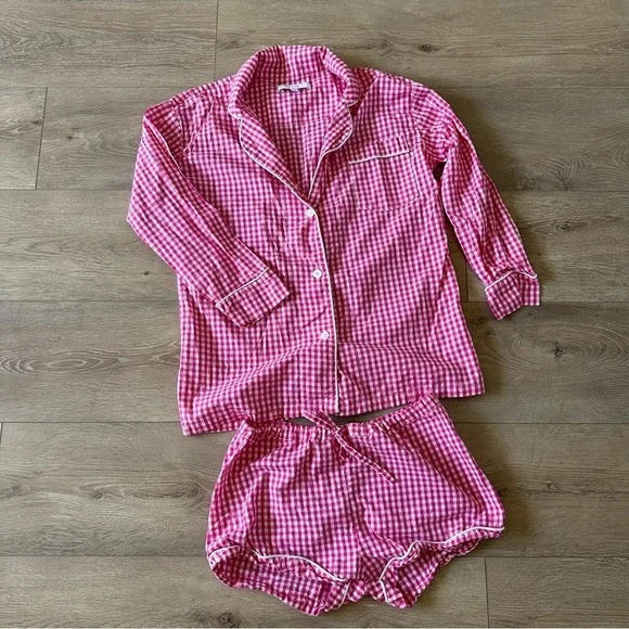 Marigot Maya Check Short Pajama Set Pink Plaid Pajama 100% Cotton XS - Picture 8 of 9
